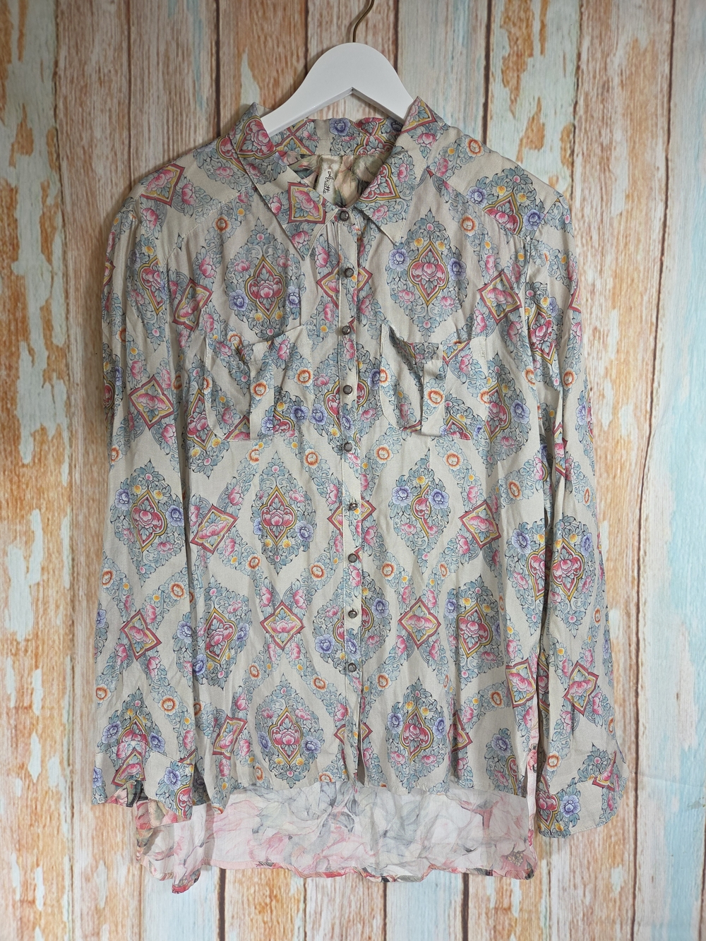Aratta Silent Journey Paisley Print Button-Down High Low Blouse Embroidered Sz M